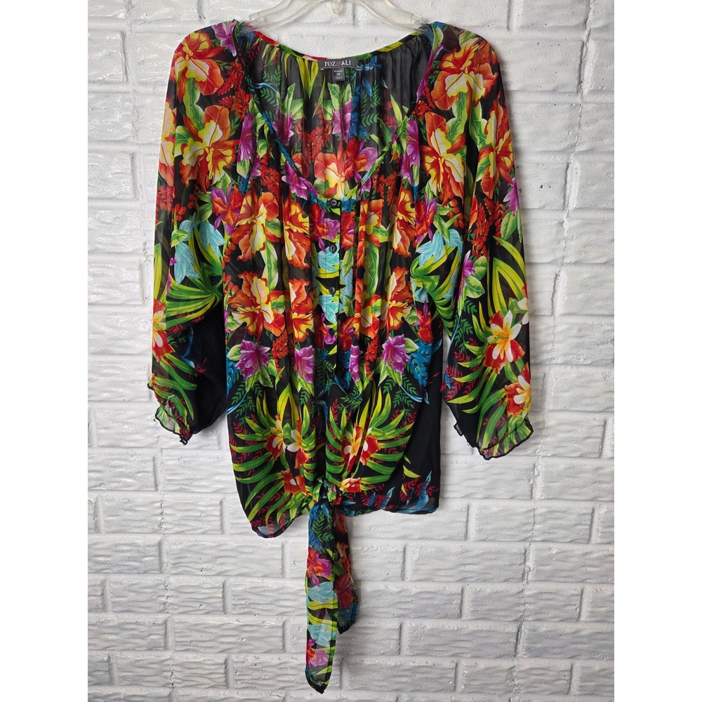 ROZ & ALI Woman blouse Size 2X flowy Semi sheer Tie Button Front Tropical